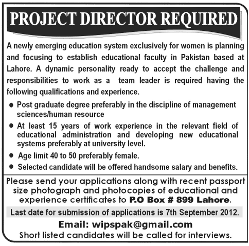 Project Director Required by an Educational Sector Organization