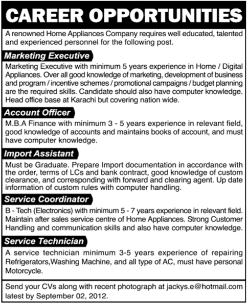 Marketing and Accounts Staff Required by Home Appliances Company