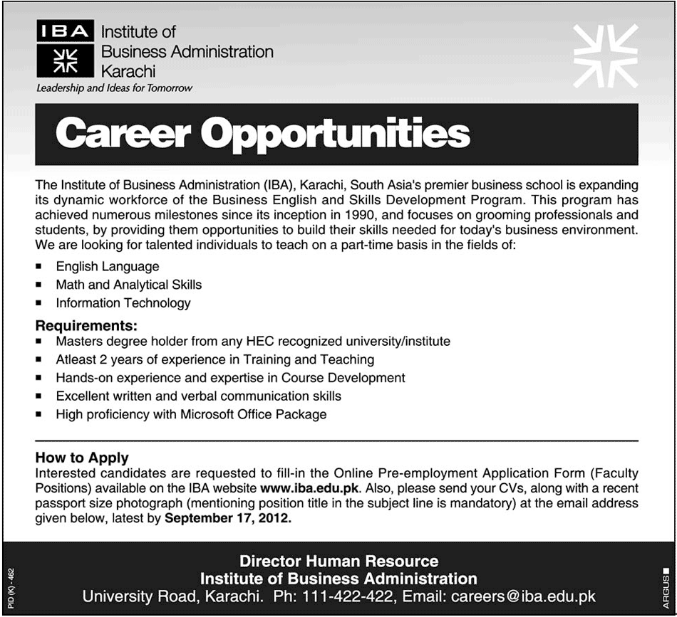 Teaching Faculty Required by IBA Institute of Business Administration Karachi