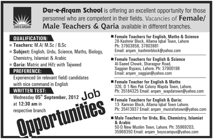 Dar-e-Arqam School Requires Teaching Staff
