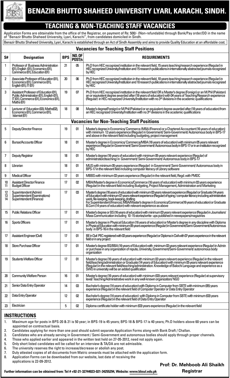 Benazir Bhutto Shaheed University Karachi Requires Teaching and Non-Teaching Staff (Government Job)