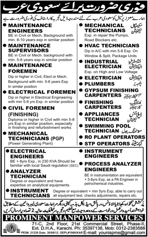 Mechanical and Technical Staff Required for Saudi Arabia