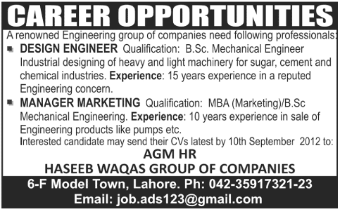 Design Engineer and Manager Marketing Required by a Group of Companies