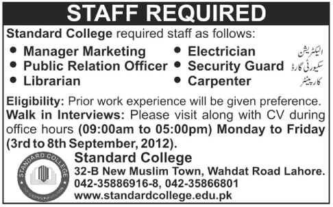 Standar College Lahore Requires Staff