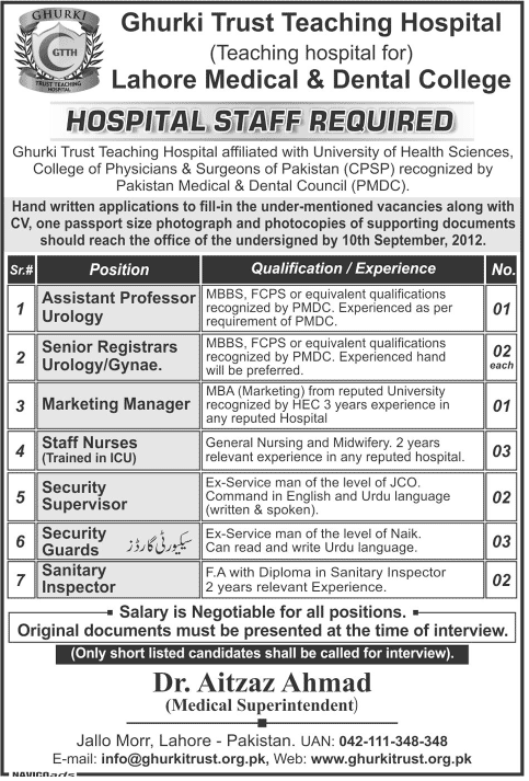 Ghurki Trust Teaching Hospital Staff Requires Teaching and Non-Teaching Staff