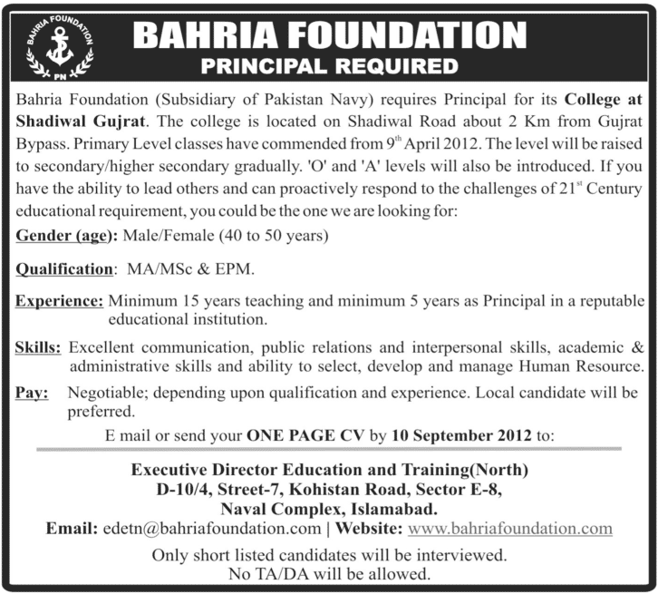 Bahria Foundation Requires Principal