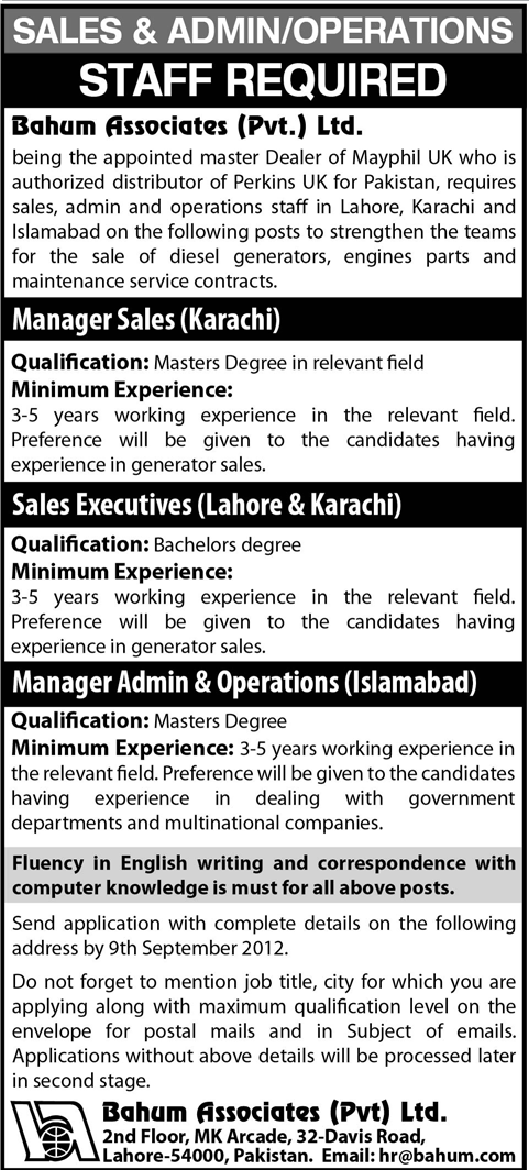 Bahum Associates Requires Sales & Admin jobs