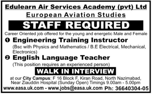 Engineering and English Language Instructor Required by Edulearn Air Services Academy