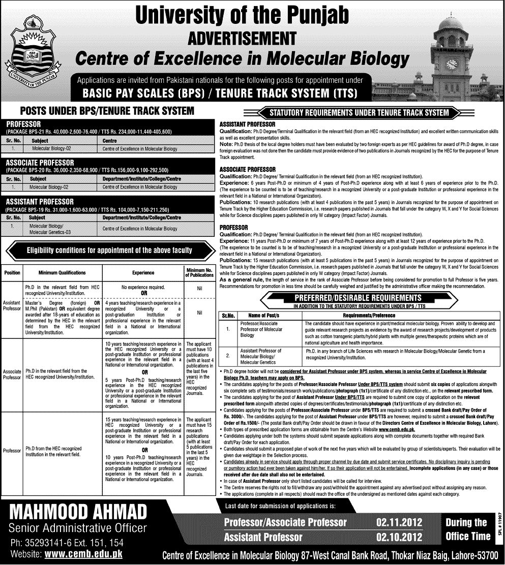 University of the Punjab Requires Teaching Faculty (Government Jobs)