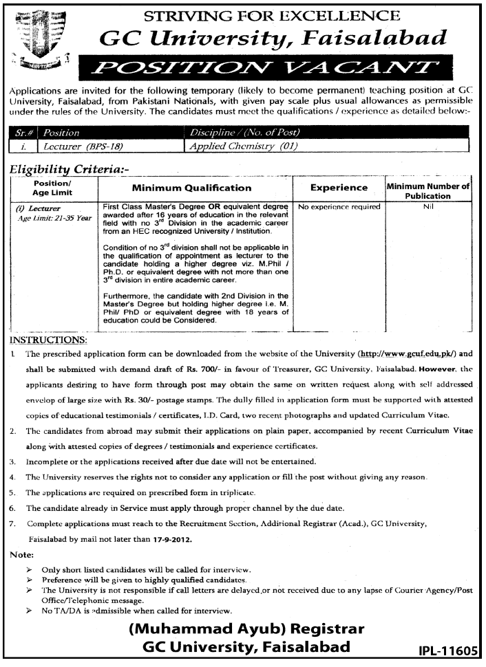 GC University Faisalabad Requires Lecturer in Applied Chemistry (Government Job)