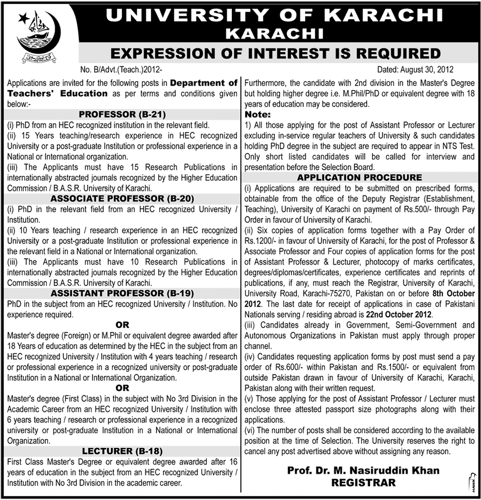 Teaching Faculty Required at University of Karachi (Government Job)