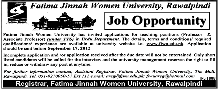 Fatima Jinnah Women University Rawalpindi Requires Teaching Faculty (Government Job)