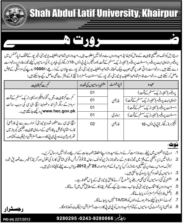 Shah Abdul Latif University Khairpur Requires Teaching Faculty