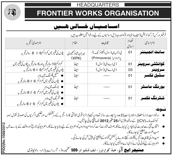 Frontier Works Organization (FWO) Jobs (Government Jobs)