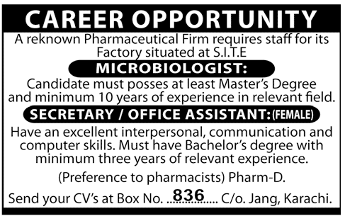 Microbiologist and Office Assistant (Female) Required by a Pharmaceutical Firm