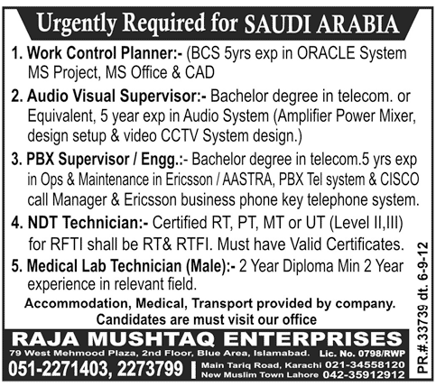 Technical Staff Required for Saudi Arabia