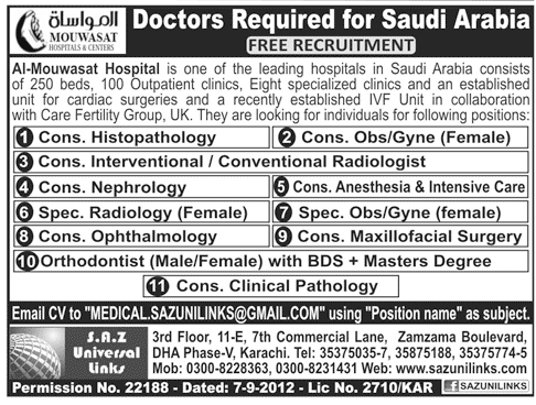 Consultant Doctors Required for Saudi Arabia