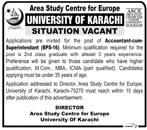 University of Karachi Requires Accountant-cum-Superintendant (Government Job)