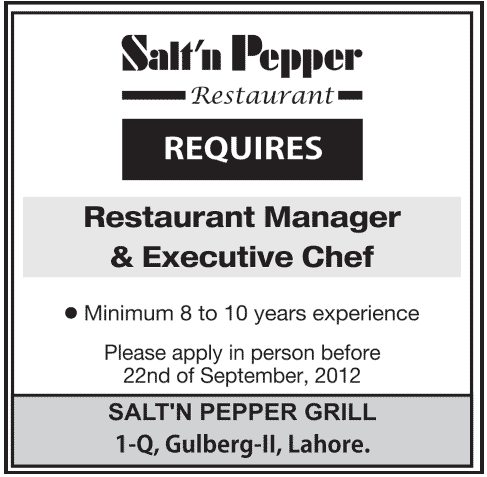 Restaurant Manager and Executive Chef Required for a Restaurant
