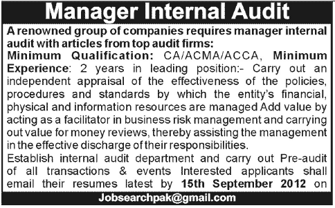 Internal Audit Manager Required by a Renowned Group of Companies