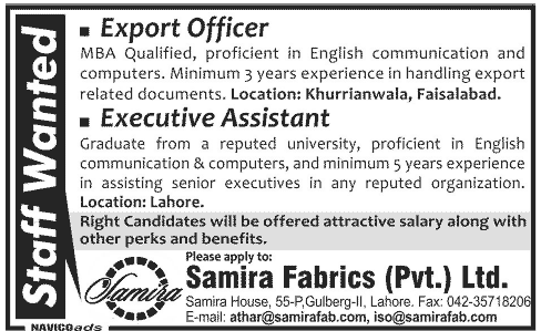 Export Officer and Executive Assistant Required for a Fabrics Company