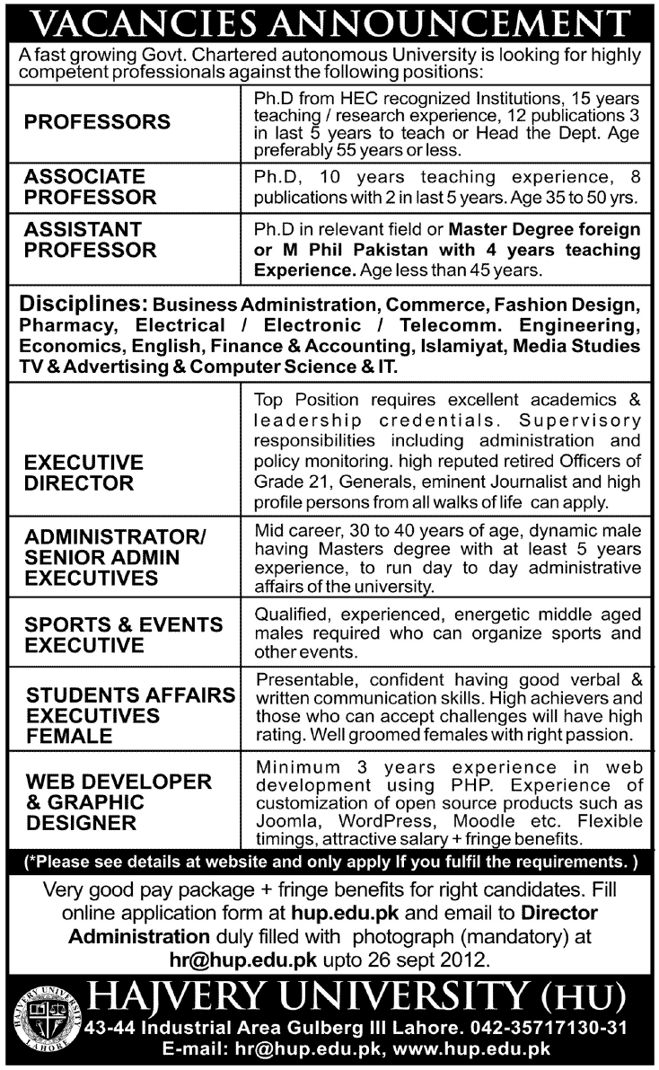 Hajvery University (HUP) Requires Teaching and Non-Teaching Staff