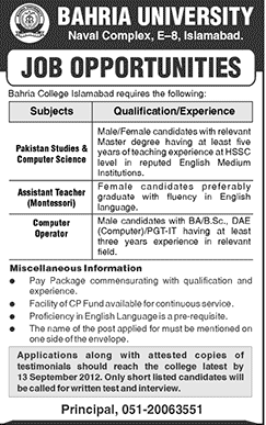 Bahria College Islamabad Requires Staff