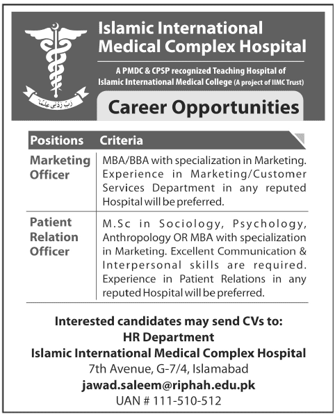 Islamic International Medical Complex Hospital Requires Marketing Officer and Patient Relation Officer