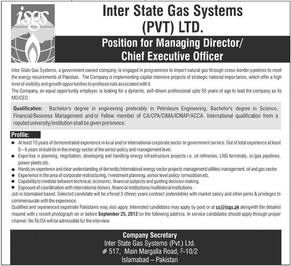 Inter State Gas Systems Private Limited Requires Chief Executive Office (CEO)