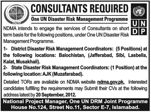 Consultants Required by NDMA Under UN Disaster Risk Management Programme (UN Job)