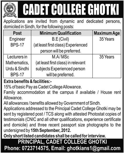 Teaching and Non-Teaching Saff Required at Cadet College Ghotki