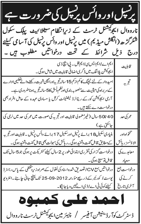 Principal and Vice Principal Required Under Narowal Educational Trust