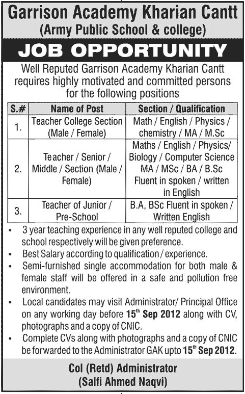 Teaching Staff Required by Garrison Academy