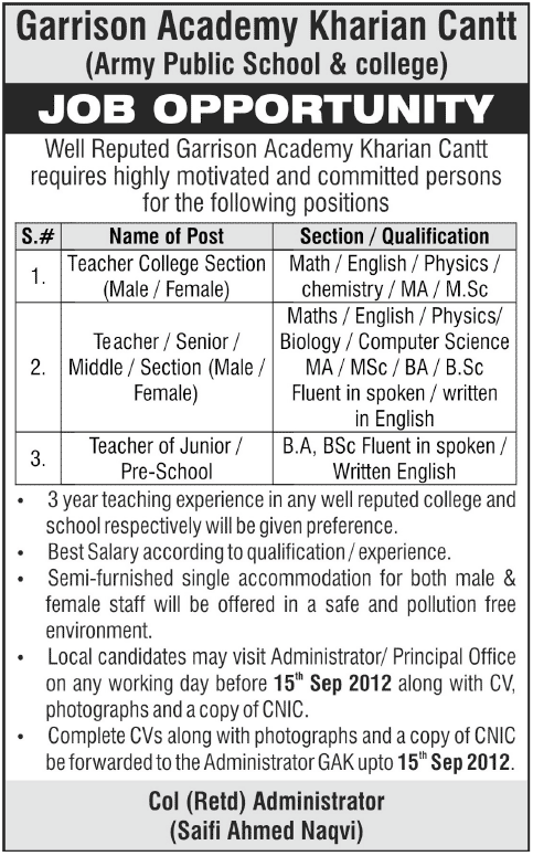 Teaching Staff Required by Garrison Academy