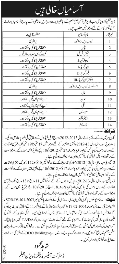 Sub Divisional Office Jehlum Requires Work Charge Staff