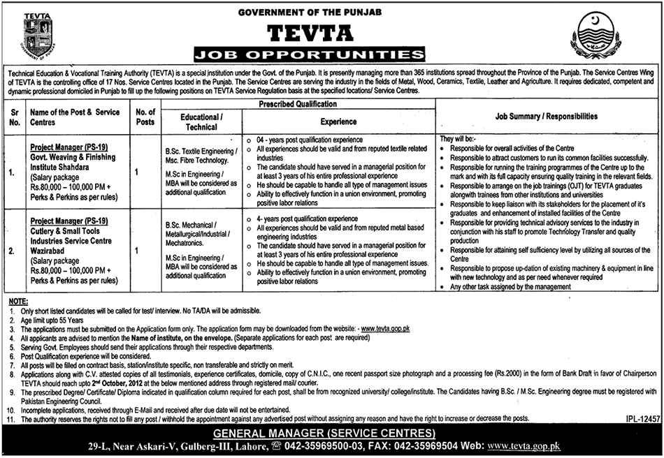 TEVTA Government of Punjab Requires Project Managers (Government Job)