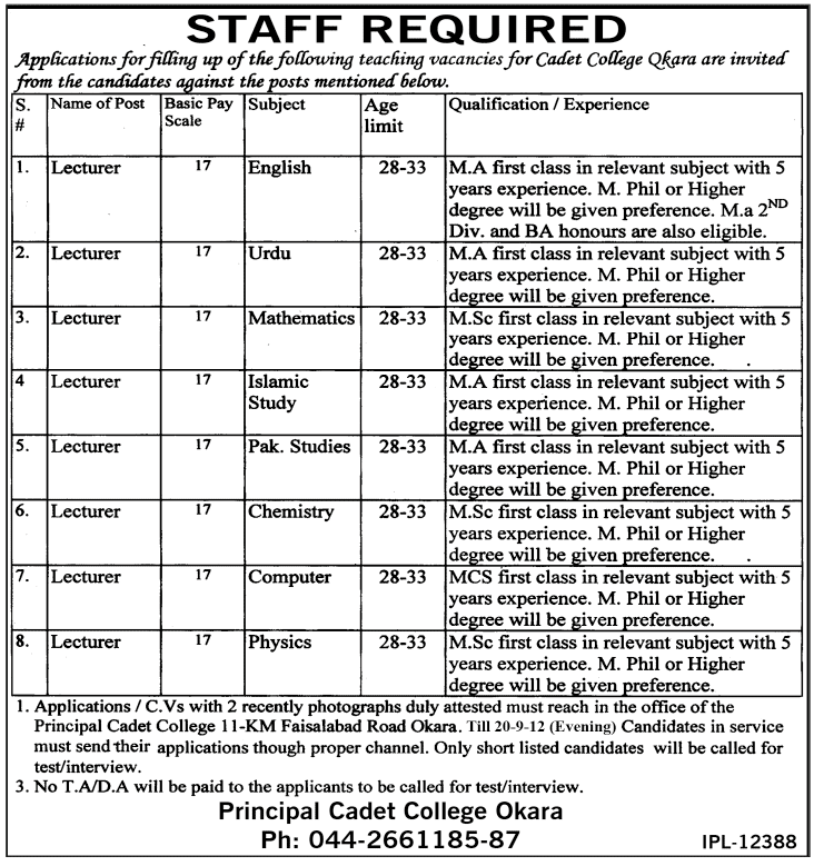 Teaching Staff Required at Cadet College Okara (Government Job)