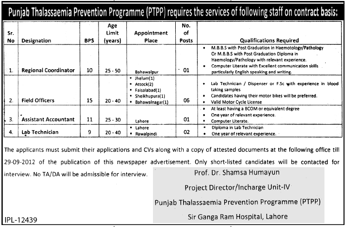 PTPP Punjab Thalassaemia Prevention Programme Requires Staff (Government Job)