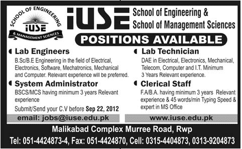 IUSE School of Engineering& School of Management Sciences Requires Staff