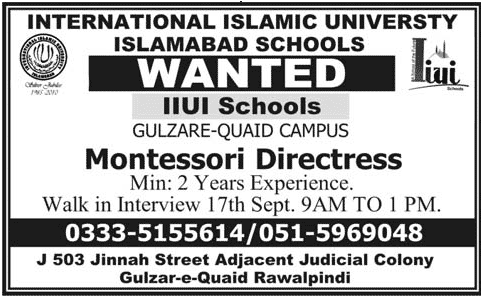 IIUI International Islamic University Islamabad School Requires Montessori Directress