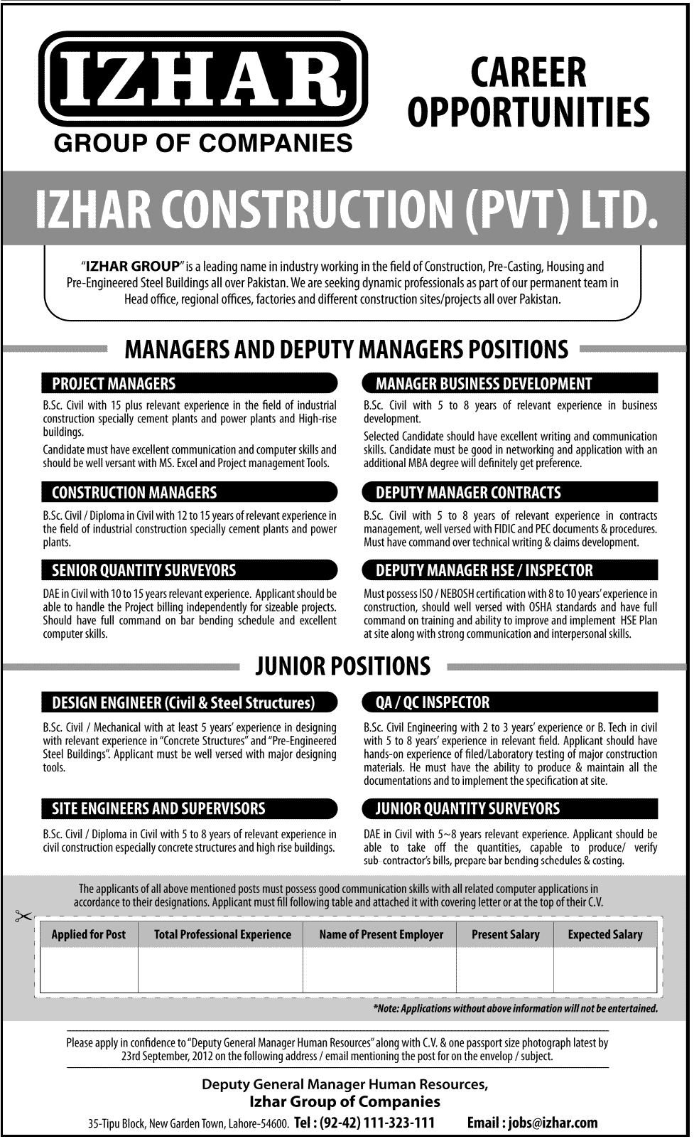 IZHAR Construction (PVT) Ltd Company Requires Engineering Management Staff