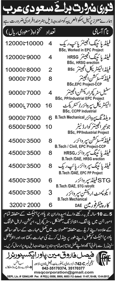 Engineering and Mechanical Staff Required for Saudi Arabia