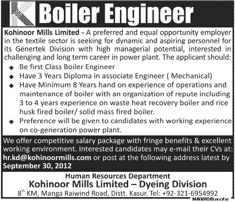 Boiler Engineer Required at Kohinoor Mills Limited