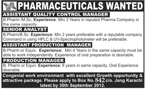 Pharmaceutic Management Staff Required by a Pharmaceutical Company