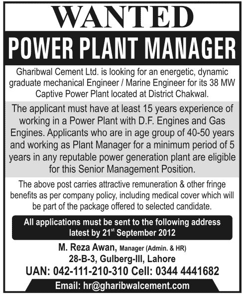 Power Plant Manager Required by Gharibwal Cement Company