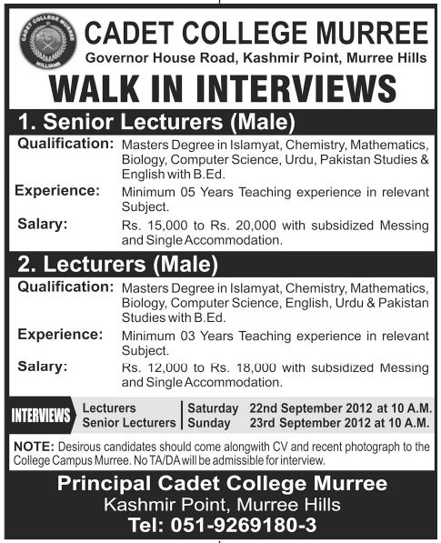 Cadet College Murree Requires Teaching Staff