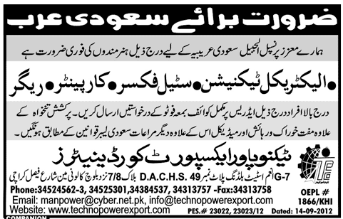 Electrical Technician and Construction Staff Required for Saudi Arabia