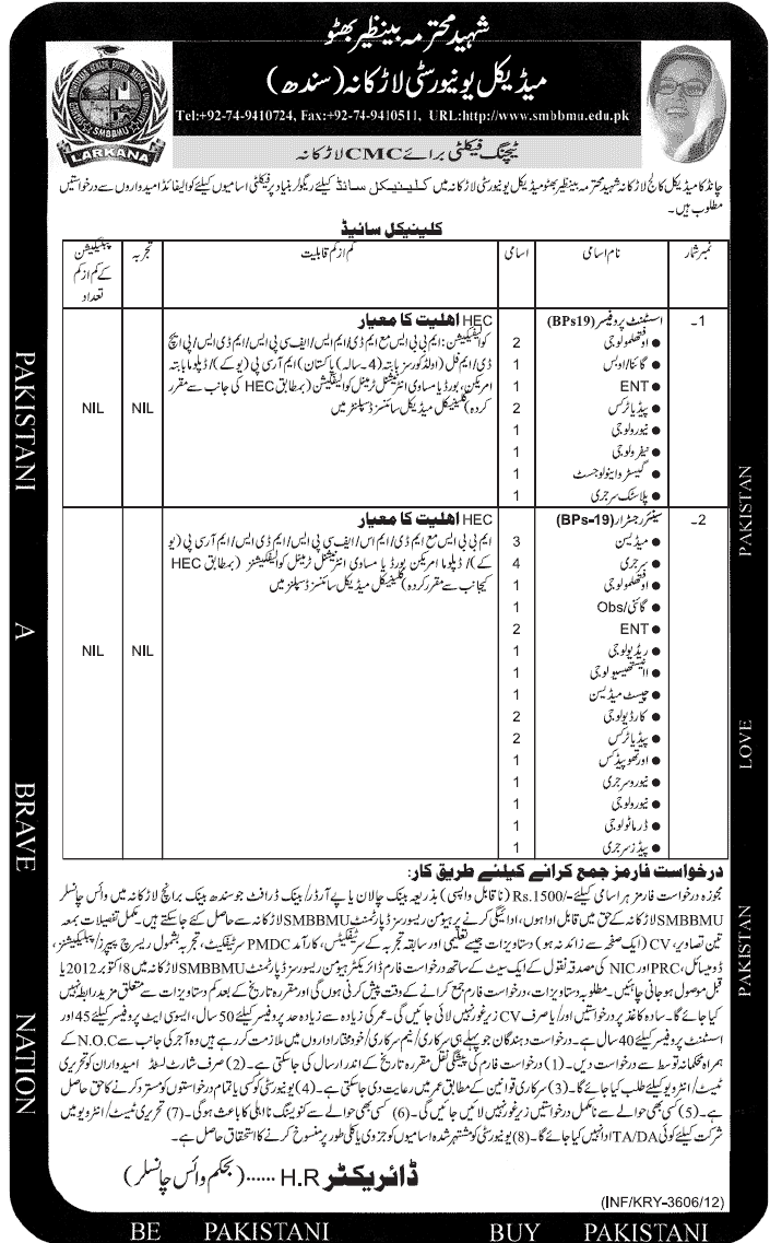 SMBBMU Required Medical Teaching and Nont Staff at Chandka Medical College Larkana (Government Job)