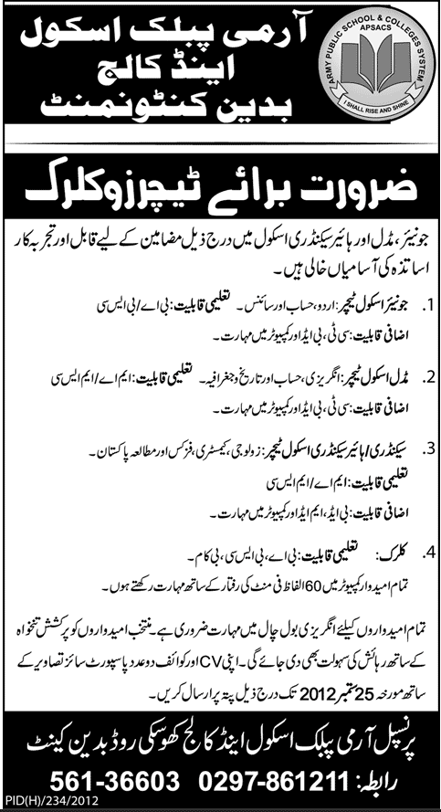 Teaching Staff and Clerk Required at Army Public School & College