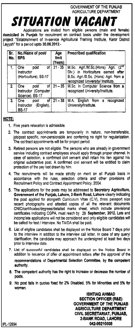 Teaching Staff Required Under Government of Punjab Civil Secretariat (Government Job)